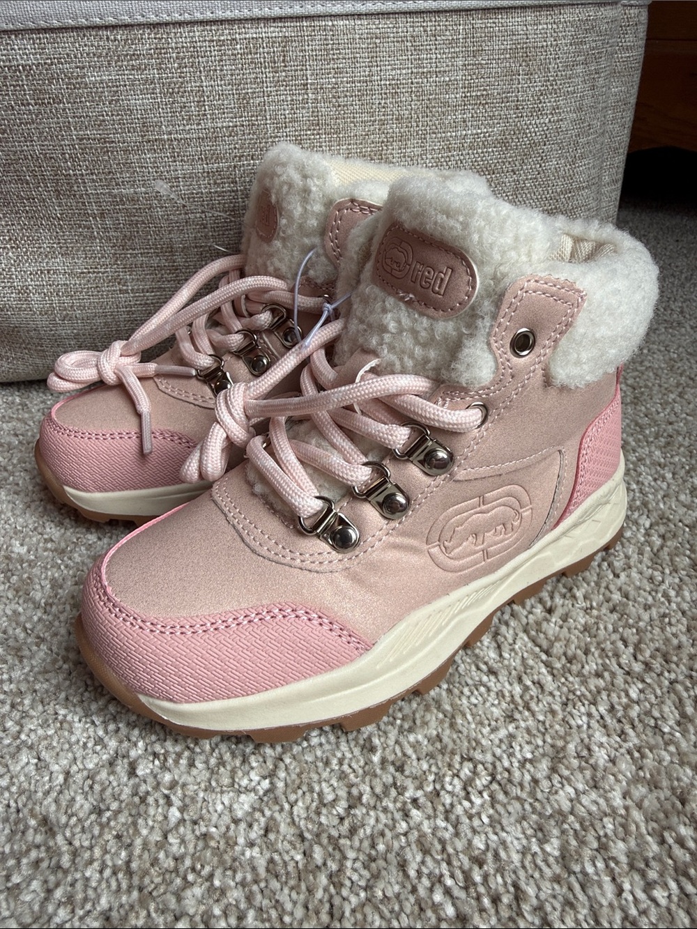 Red Kids Pink Fleece-Trim Hiking Boots